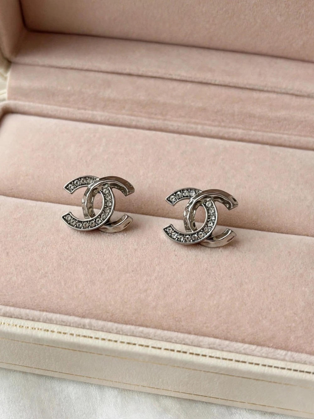 Silver Crystal Double C Stud Earrings